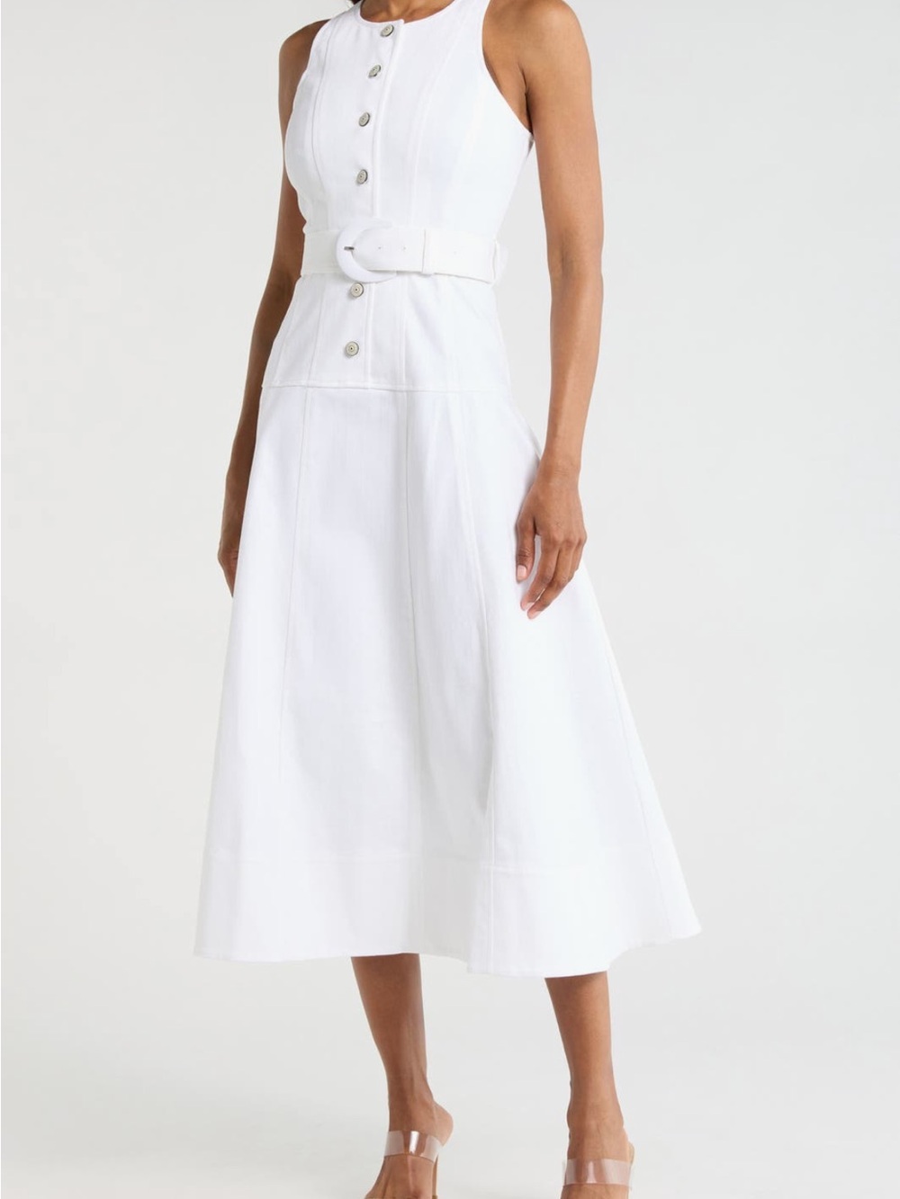 Cinq a Sept White Sleeveless Button-Front Midi Dress with Belt